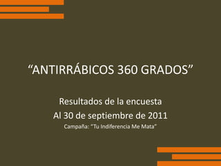 “ANTIRRÁBICOS 360 GRADOS”

    Resultados de la encuesta
   Al 30 de septiembre de 2011
     Campaña: “Tu Indiferencia Me Mata”
 