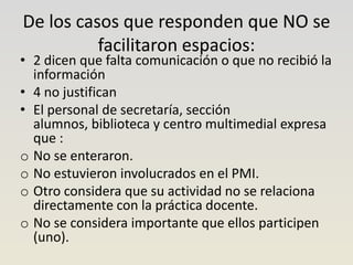 De los casos que responden que NO se
          facilitaron espacios:
• 2 dicen que falta comunicación o que no recibió la
  información
• 4 no justifican
• El personal de secretaría, sección
  alumnos, biblioteca y centro multimedial expresa
  que :
o No se enteraron.
o No estuvieron involucrados en el PMI.
o Otro considera que su actividad no se relaciona
  directamente con la práctica docente.
o No se considera importante que ellos participen
  (uno).
 