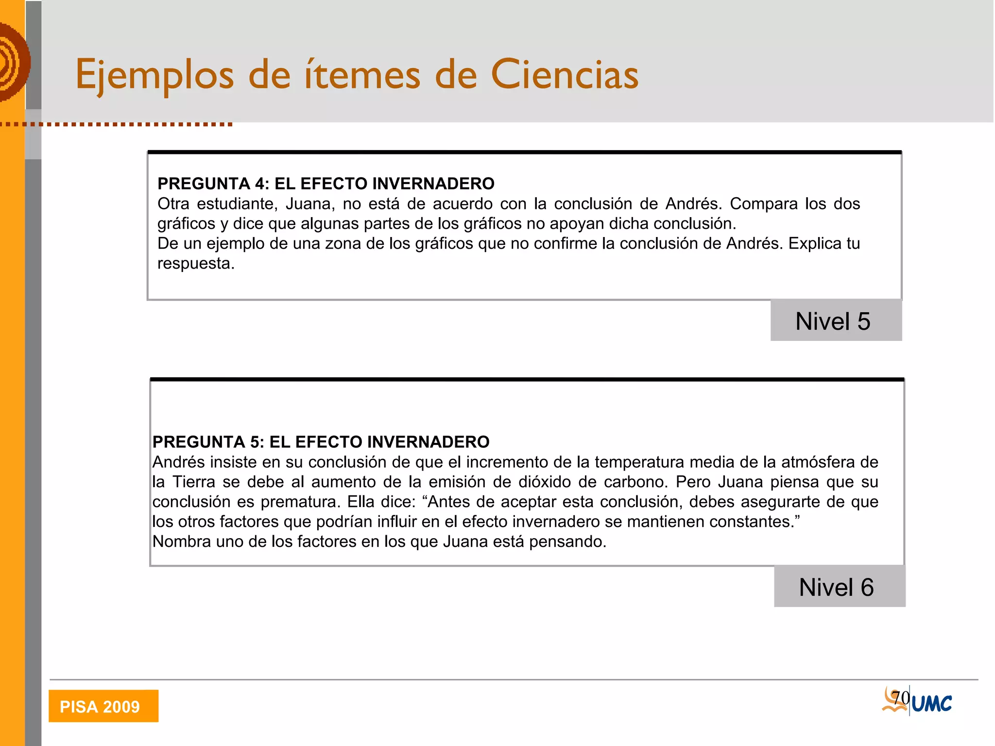 Ejemplos de ítemes de Ciencias PREGUNTA 5:  EL EFECTO INVERNADERO Andrés insiste en su conclusión de que el incremento de la temperatura media de la atmósfera de la Tierra se debe al aumento de la emisión de dióxido de carbono. Pero Juana piensa que su conclusión es prematura. Ella dice: “Antes de aceptar esta conclusión, debes asegurarte de que los otros factores que podrían influir en el efecto invernadero se mantienen constantes.” Nombra uno de los factores en los que Juana está pensando. Nivel 6  Nivel 5  PREGUNTA 4:  EL EFECTO INVERNADERO Otra estudiante, Juana, no está de acuerdo con la conclusión de Andrés. Compara los dos gráficos y dice que algunas partes de los gráficos no apoyan dicha conclusión. De un ejemplo de una zona de los gráficos que no confirme la conclusión de Andrés. Explica tu respuesta. 