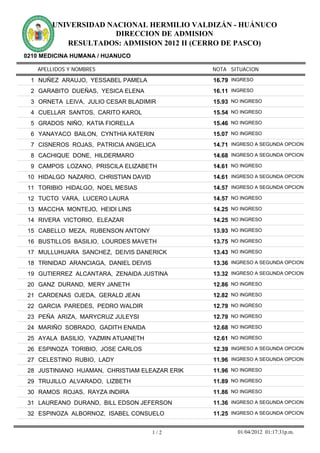 UNIVERSIDAD NACIONAL HERMILIO VALDIZÁN - HUÁNUCO
                      DIRECCION DE ADMISION
           RESULTADOS: ADMISION 2012 II (CERRO DE PASCO)
0210 MEDICINA HUMANA / HUANUCO

   APELLIDOS Y NOMBRES                          NOTA SITUACION

 1 NUÑEZ ARAUJO, YESSABEL PAMELA                16.79 INGRESO
 2 GARABITO DUEÑAS, YESICA ELENA                16.11 INGRESO
 3 ORNETA LEIVA, JULIO CESAR BLADIMIR           15.93 NO INGRESO
 4 CUELLAR SANTOS, CARITO KAROL                 15.54 NO INGRESO
 5 GRADOS NIÑO, KATIA FIORELLA                  15.46 NO INGRESO
 6 YANAYACO BAILON, CYNTHIA KATERIN             15.07 NO INGRESO
 7 CISNEROS ROJAS, PATRICIA ANGELICA            14.71 INGRESO A SEGUNDA OPCION
 8 CACHIQUE DONE, HILDERMARO                    14.68 INGRESO A SEGUNDA OPCION
 9 CAMPOS LOZANO, PRISCILA ELIZABETH            14.61 NO INGRESO
 10 HIDALGO NAZARIO, CHRISTIAN DAVID            14.61 INGRESO A SEGUNDA OPCION
 11 TORIBIO HIDALGO, NOEL MESIAS                14.57 INGRESO A SEGUNDA OPCION
 12 TUCTO VARA, LUCERO LAURA                    14.57 NO INGRESO
 13 MACCHA MONTEJO, HEIDI LINS                  14.25 NO INGRESO
 14 RIVERA VICTORIO, ELEAZAR                    14.25 NO INGRESO
 15 CABELLO MEZA, RUBENSON ANTONY               13.93 NO INGRESO
 16 BUSTILLOS BASILIO, LOURDES MAVETH           13.75 NO INGRESO
 17 MULLUHUARA SANCHEZ, DEIVIS DANERICK         13.43 NO INGRESO
 18 TRINIDAD ARANCIAGA, DANIEL DEIVIS           13.36 INGRESO A SEGUNDA OPCION
 19 GUTIERREZ ALCANTARA, ZENAIDA JUSTINA        13.32 INGRESO A SEGUNDA OPCION
 20 GANZ DURAND, MERY JANETH                    12.86 NO INGRESO
 21 CARDENAS OJEDA, GERALD JEAN                 12.82 NO INGRESO
 22 GARCIA PAREDES, PEDRO WALDIR                12.79 NO INGRESO
 23 PEÑA ARIZA, MARYCRUZ JULEYSI                12.79 NO INGRESO
 24 MARIÑO SOBRADO, GADITH ENAIDA               12.68 NO INGRESO
 25 AYALA BASILIO, YAZMIN ATUANETH              12.61 NO INGRESO
 26 ESPINOZA TORIBIO, JOSE CARLOS               12.39 INGRESO A SEGUNDA OPCION
 27 CELESTINO RUBIO, LADY                       11.96 INGRESO A SEGUNDA OPCION
 28 JUSTINIANO HUAMAN, CHRISTIAM ELEAZAR ERIK   11.96 NO INGRESO
 29 TRUJILLO ALVARADO, LIZBETH                  11.89 NO INGRESO
 30 RAMOS ROJAS, RAYZA INDIRA                   11.86 NO INGRESO
 31 LAUREANO DURAND, BILL EDSON JEFERSON        11.36 INGRESO A SEGUNDA OPCION
 32 ESPINOZA ALBORNOZ, ISABEL CONSUELO          11.25 INGRESO A SEGUNDA OPCION


                                        1/2             01/04/2012 01:17:31p.m.
 
