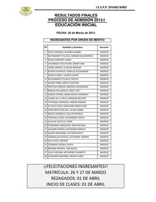 RESULTADOS FINALES
PROCESO DE ADMISIÓN 2013-I
   EDUCACIÓN INICIAL
   FECHA: 26 de Marzo de 2013

INGRESANTES POR ORDEN DE MÉRITO
 