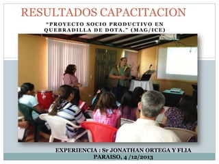 RESULTADOS CAPACITACION
“PROYECTO SOCIO PRODUCTIVO EN
QUEBRADILLA DE DOTA.” (MAG/ICE)

EXPERIENCIA : Sr JONATHAN ORTEGA Y FLIA
PARAISO, 4 /12/2013

 
