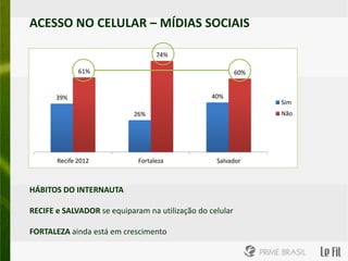 ACESSO NO CELULAR – MÍDIAS SOCIAIS

                                   74%

              61%                                         60%


       39%                                       40%
                                                                Sim
                            26%                                 Não




       Recife 2012           Fortaleza            Salvador



RECIFE e SALVADOR se equiparam na utilização do celular

FORTALEZA ainda está em crescimento
 