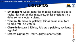 CRITERIOS Entonación:   Debe  tener los matices necesarios para realzar los contenidos textuales, en las oraciones, no debe ser una lectura plana. Tiempo : Número de palabras leídas en un minuto y tiempo total de lectura. Clase de lectura : Silábica, Palabra a palabra, vacilante y global Errores Comunes : Omite, distorsiona y repite. 