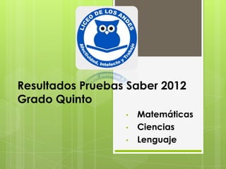 Resultados Pruebas Saber 2012
Grado Quinto
                  •   Matemáticas
                  •   Ciencias
                  •   Lenguaje
 