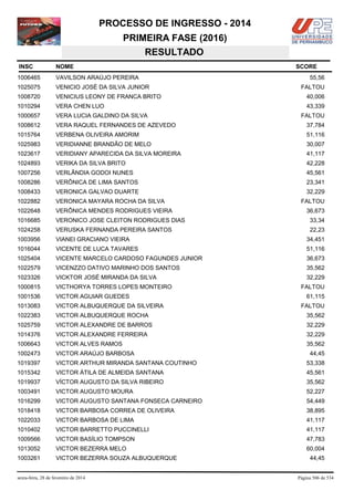 PROCESSO DE INGRESSO - 2014
PRIMEIRA FASE