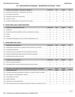 Fatec São Bernardo do Campo

Questionários

12 - Instrumentos de Pesquisa - Questionário de Alunos - Curso
Avalie a sua atuação e intresse em relação a:

muito bom

bom

regular

ruim

46

participação, desempenho e cooperação em sala de aula

0

0

0

0

47

preservação do patrimônio

0

0

0

0

48

dedicação e estudo fora da sala de aula

0

0

0

0

49

respeito às normas

0

0

0

0

50

projetos (responsabilidade e compromisso com a equipe)

0

0

0

0

muito bom

bom

regular

ruim

E - Conte sobre seus relacionamentos
Avalie seu relacionamento com:
51

professores

0

0

0

0

52

funcionários (secretária acadêmica, serviços e atendimento de alunos)

0

0

0

0

53

direção

0

0

0

0

54

colegas

0

0

0

0

55

coordenação (responsáveis por curso, chefes de departamento e coo

0

0

0

0

muito bom

bom

regular

ruim

F - Conte sobre seu curso
Avalie seu curso quanto a:
56

adequaçãodos equipamentos em relação ao desenvolvimento dos conteúdos

0

0

0

0

57

conhecimentos adquiridos

0

0

0

0

58

conhecimento que os professores têm das dsiciplinas que lecionam

0

0

0

0

59

projetos interdisciplinares (desenvolvidos por diferentes disciplinas)

0

0

0

0

60

proporção de aulas práticas e teóricas

0

0

0

0

muito bom

bom

regular

ruim

Avalie seu curso quanto a:
61

estímulo à pesquisa acadêmica

0

0

0

0

62

informações sobre a carreira profissional da área que está cursando

0

0

0

0

muitas

poucas

vezes

vezes

Durante o curso estão sendo oferecidas informações ou atividades
relacionadas com:

sempre

nunca

63

consciência ambiental (preservação do ambiente, uso racional da água, luz, papéis...

0

0

0

0

64

ética profissional, responsabilidade e cidadania

0

0

0

0

65

comunicação oral e escrita

0

0

0

0

66

gestão empresarial

0

0

0

0

67

autonomia no uso de equipamentos

0

0

0

0

68

CIPA (Comissão Interna de Prevenção de Acidentes) e Segurança e Medicina do Trab.

0

0

0

0

12.3
SAI - Sistema de Avaliação Institucional / WebSAI 2012

 