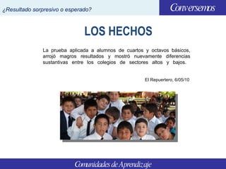 LOS HECHOS La prueba aplicada a alumnos de cuartos y octavos básicos, arrojó magros resultados y mostró nuevamente diferen...