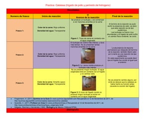 Practica: Catalasa (hígado de pollo y peróxido de hidrogeno)
                                                                 Resultados

                                                                                   
Numero de frasco                  Inicio de reacción                                                                  Final de la reacción
                                                                          Avance de la reacción
                                                                     Se produce un burbujeo, y se comienzan
                                                                       a ver manchas amarillas en la carne
                                                                                                                   Al termino de la reacción se pudo
                                                                                                                 sentir la presencia de calor, es decir,
                             Color de la carne: Rojo uniforme                                                         que esta reacción es de tipo
    Frasco 1:                Densidad del agua: Transparente                                                                   exotérmica.
                                                                                                                      Las burbujas no fueron muy
                                                                                                                abundantes y el hígado de pollo sufrió
                                                                                                                  un cambio físico evidente, se coció.
                                                                    Figura 1: Trozo de carne en contacto con
                                                                                el agua oxigenada
                                                                    El burbujeo se vuelve más intenso, y dura
                                                                    más tiempo. No se presentan tantas
                                                                    manchas amarillas en la carne.
                                                                                                                      La abundancia de espuma
                                                                                                                permaneció aun después del termino
                                                                                                                 de la reacción, también liberó calor
    Frasco 2:                Color de la carne: Rojo uniforme                                                    por lo tanto es una reacción de tipo
                             Densidad del agua: Transparente                                                                  exotérmica.
                                                                                                                En este experimento se puede decir
                                                                                                                que el hígado fue cocido al igual que
                                                                                                                              el anterior.
                                                                      Figura 2: La carne molida produce un
                                                                              burbujeo más intenso.
                                                                     No se presenta ningún burbujeo. El agua
                                                                    oxigenada entra en contacto con el hígado
                                                                                y no cambia nada.


                                                                                                                 No se presento cambio alguno, por
                             Color de la carne: Amarillo opaco                                                   ende se deduce que la catalasa ya
    Frasco 3:
                             Densidad del agua: Transparente                                                        había hecho su función antes
                                                                                                                   (durante la cocción del hígado)


                                                                      Figura 3: El trozo de hígado cocido no
                                                                      produce ningún burbujeo al entrar en
                                                                      contacto con el agua oxigenada
   Fingermann, H. (2011) Química en la Guía En www.quimica.laguia2000.com Recuperado el 12 de Noviembre de 2011, de
   http://quimica.laguia2000.com/conceptos-basicos/enzima-catalasa
   Querelle, C. (2011) Profesor en línea En www.profesorenlínea.cl Recuperado el 12 de Noviembre de 2011, de
   http://www.profesorenlinea.cl/Quimica/Agua_oxigenada.htm#
   Salgado, Ramírez y Hernández (1993) Biología y tú México: Editorial EPSA.
                                                                 Bibliografía
 