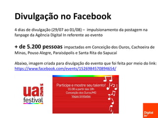Facebook.com/AgenciaDigitalIn
Divulgação no Facebook
4 dias de divulgação (29/07 ao 01/08) – impulsionamento da postagem na
fanpage da Agência Digital In referente ao evento
+ de 5.200 pessoas impactadas em Conceição dos Ouros, Cachoeira de
Minas, Pouso Alegre, Paraisópolis e Santa Rita do Sapucaí
+ de 1.500 pessoas convidadas para o evento
Abaixo, imagem criada para divulgação do evento que foi feita por meio do link:
https://www.facebook.com/events/1526984570894654/
 