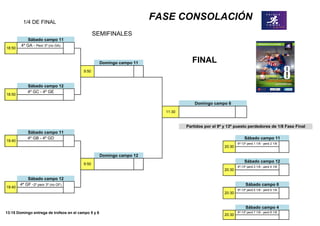 4º GA - Peor 3º (no GA)
4º GC - 4º GE
4º GB - 4º GD
4º GF -2º peor 3º (no GF)
FASE CONSOLACIÓN1/4 DE FINAL
Sábado campo 11
SEMIFINALES
18:50
9:50
Sábado campo 11
Sábado campo 11
20:30
9º-13º perd.1 1/8 - perd 2 1/8
Sábado campo 12
20:30
9º-13º perd.3 1/8 - perd 4 1/8
9:50
20:30
9º-13º perd.7 1/8 - perd 8 1/8
Partidos por el 9º y 13º puesto perdedores de 1/8 Fase Final
Sábado campo 6
20:30
9º-13º perd.5 1/8 - perd 6 1/8
FINAL
Domingo campo 6
11:30
Sábado campo 12
18:50
19:40
Domingo campo 11
Domingo campo 12
Sábado campo 12
19:40
13:15 Domingo entrega de trofeos en el campo 5 y 6
Sábado campo 4
 