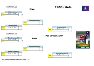 1º GA - 2º GB
1º GB - 2º GA
3º GA - 4º GB
3º GB - 4º GA
SEMIFINALES
Sábado campo 9
Sábado campo 10
Sábado campo 10
20:00
Domingo campo 9
Sábado campo 9
19:00
FASE FINAL
11:00
19:00
Domingo campo 9
10:00
FINAL
9:00
FASE CONSOLACIÓN
SEMIFINALES
FINAL
3º y 4º puesto
Domingo campo 9
13:15 Domingo entrega de trofeos en el campo 5 y 6
Domingo campo 10
7º y 8º puesto
9:00
20:00
 