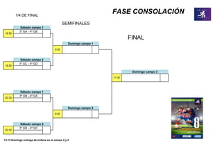 3º GA - 4º GB
3º GC - 4º GD
3º GB - 4º GA
3º GD - 4º GC
Domingo campo 3
11:30
20:30
Sábado campo 2
9:00
18:50
Sábado campo 2
20:30
Sábado campo 1
Domingo campo 2
9:00
Sábado campo 1
18:50
FINAL
Domingo campo 1
FASE CONSOLACIÓN1/4 DE FINAL
SEMIFINALES
13:15 Domingo entrega de trofeos en el campo 3 y 4
 