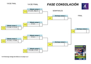 Sábado campo 3
4º G A/B - 4º G C/D
Sábado campo 4
4º G D/E - 4º GE/B
1/4 DE FINAL
3º G C -
FINAL
16:20
1/8 DE FINAL
18:00
3º G D -
FASE CONSOLACIÓN
Sábado campo 4
SEMIFINALES17:10
Domingo campo 4
11:30
Domingo campo 3
9:00
Domingo campo 4
9:00
Sábado campo 4
16:20
13:15 Domingo entrega de trofeos en el campo 3 y 4
19:40
Sábado campo 4
18:50
3º G A/B - 3º G E
3º G A/B - Mejor 4º
Sábado campo 4
 