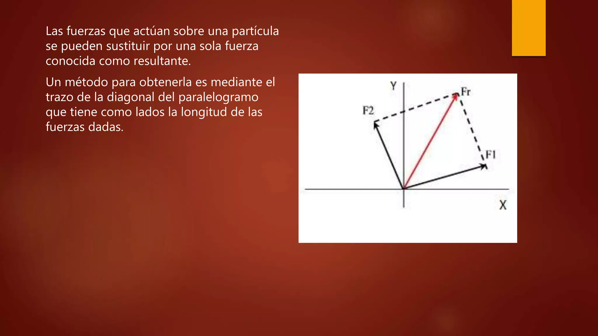 Las fuerzas que actúan sobre una partícula
se pueden sustituir por una sola fuerza
conocida como resultante.
Un método para obtenerla es mediante el
trazo de la diagonal del paralelogramo
que tiene como lados la longitud de las
fuerzas dadas.
 