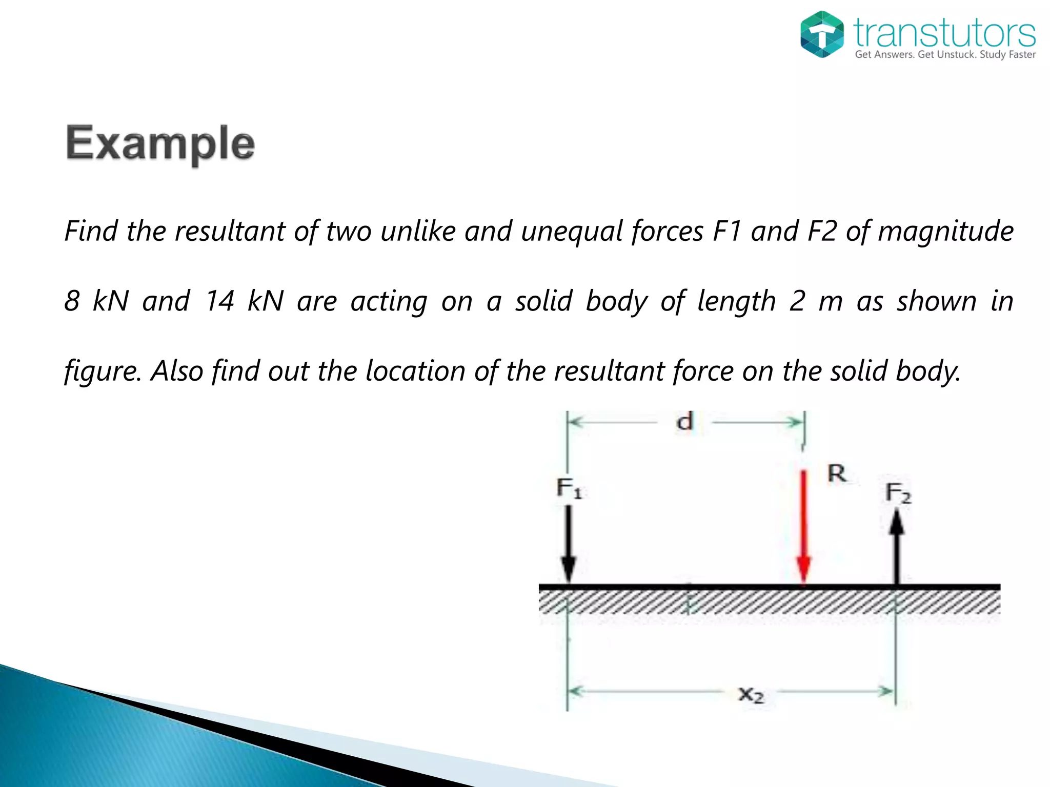 Find the resultant of two unlike and unequal forces F1 and F2 of magnitude
8 kN and 14 kN are acting on a solid body of length 2 m as shown in
figure. Also find out the location of the resultant force on the solid body.
 