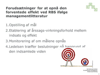 Forudsætninger for at opnå den
forventede effekt ved RBS ifølge
managementlitteratur
1.Opstilling af mål
2.Etablering af årssags-virkningsforhold mellem
indsats og effekt
3.Monitorering af om målene opnås
4.Ledelsen træffer beslutninger på baggrund af
den indsamlede viden
10
 