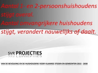 Aantal 1- en 2-persoonshuishoudens
stijgt overal.
Aantal omvangrijkere huishoudens
stijgt, verandert nauwelijks of daalt.
SVR PROJECTIES
VAN DE BEVOLKING EN DE HUISHOUDENS VOOR VLAAMSE STEDEN EN GEMEENTEN 2015 - 2030
 