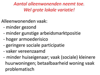 Aantal alleenwonenden neemt toe.
Wel grote lokale variatie!
Alleenwonenden vaak:
- minder gezond
- minder gunstige arbeidsmarktpositie
- hoger armoederisico
- geringere sociale participatie
- vaker vereenzaamd
- minder huiseigenaar; vaak (sociale) kleinere
huurwoningen; betaalbaarheid woning vaak
problematisch
 