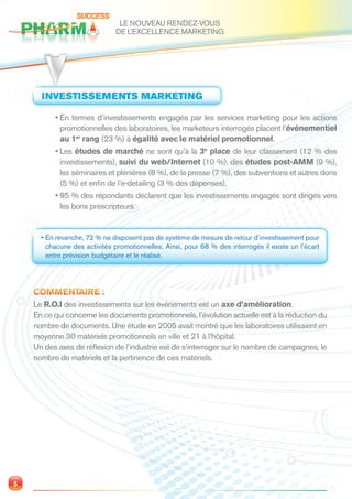 LE NOUVEAU RENDEZ-VOUS
                              DE L’EXCELLENCE MARKETING




      INVESTISSEMENTS MARKETING

          • En termes d’investissements engagés par les services marketing pour les actions
            promotionnelles des laboratoires, les marketeurs interrogés placent l’événementiel
            au 1er rang (23 %) à égalité avec le matériel promotionnel.
          • Les études de marché ne sont qu’à la 3e place de leur classement (12 % des
            investissements), suivi du web/Internet (10 %), des études post-AMM (9 %),
            les séminaires et plénières (8 %), de la presse (7 %), des subventions et autres dons
            (5 %) et enﬁn de l’e-detailing (3 % des dépenses).
          • 95 % des répondants déclarent que les investissements engagés sont dirigés vers
            les bons prescripteurs.


      • En revanche, 72 % ne disposent pas de système de mesure de retour d’investissement pour
        chacune des activités promotionnelles. Ainsi, pour 68 % des interrogés il existe un l’écart
        entre prévision budgétaire et le réalisé.




    COMMENTAIRE :
    Le R.O.I des investissements sur les événements est un axe d’amélioration.
    En ce qui concerne les documents promotionnels, l’évolution actuelle est à la réduction du
    nombre de documents. Une étude en 2005 avait montré que les laboratoires utilisaient en
    moyenne 30 matériels promotionnels en ville et 21 à l’hôpital.
    Un des axes de réﬂexion de l’industrie est de s’interroger sur le nombre de campagnes, le
    nombre de matériels et la pertinence de ces matériels.




5
 