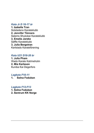 Kata Jr D 16-17 år 
1. Izabella Tran 
Solstadens Karateklubb 
2. Jennifer Tönners 
Salems Shukokai Karateklubb 
3. Emelie Jareke 
Säffle Karateklubb 
3. Julia Bergstran 
Karlstads Karateförening 
Kata U21 D18-20 år 
1. Julia Pham 
Wado Karate Katrineholm 
2. Mia Karlsson 
Kuniba Kai Degerfors 
Lagkata F10-11 
1. Solna Fodukan 
Lagkata F12-F13 
1. Solna Fodukan 
2. Sentrum KK Norge 
 