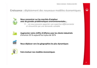 Relations Investisseurs ‐ Résultats annuels 2012 




Croissance : déploiement des nouveaux modèles économiques


        Nous concentrer sur les marchés d'ampleur 
        avec de grandes problématiques environnementales...
              ... où nous pouvons apporter une expertise différenciante
              et rémunérée par une demande solvable


        Augmenter notre chiffre d’affaires avec les clients industriels 
        d’environ 35 % aujourd’hui à plus de 50 %



        Nous déplacer vers les géographies les plus dynamiques



        Faire évoluer nos modèles économiques



                                                                                                        62
 