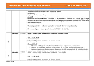 RESULTATS DE L’AUDIENCE DE REFERE LUNDI 15 MARS 2021
Page 18 sur 53
Statuant publiquement, en référé et en premier ressort ;
En la forme
Déclarons l’action recevable ;
Au fond
Ordonnons à la Société KEYRODE GROUP SA de procéder à la livraison de la villa de type F4 objet
du contrat de réservation sous astreinte de 100.000FCFA par jour de retard, à compter de la notification
de la présente décision ;
Disons n’y avoir lieu à ordonner l’exécution sur minute et avant enregistrement ;
Mettons les dépens à la charge de la Société KEYRODE GROUP SA.
3.
266/2021 N°319/2021 SOCIETE SOCABAT SARL (Me ABDOULAYE DIALLO) C/ MAMADOU THIAM
PAR CES MOTIFS
Statuant publiquement, en référé et en premier ressort,
EN LA FORME
- Déclarons nul l’exploit du 14 décembre 2020 ainsi que la procédure subséquente ;
- Mettons les dépens à la charge de Me Mohamed DIOKHANE, Huissier instrumentaire ;
- Le tout en application des dispositions des articles 822, 825 et 826 du Code de Procédure Civile;
4.
288/2021 N°320/2021 SOCIETE SOCABAT SARL (Me ABDOULAYE DIALLO) C/ L’ONG CONGAD
PAR CES MOTIFS
Statuant publiquement, en référé et en premier ressort,
 