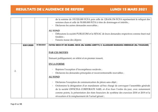 RESULTATS DE L’AUDIENCE DE REFERE LUNDI 15 MARS 2021
Page 2 sur 53
de la somme de 193.520.000 FCFA puis celle de 128.636.156 FCFA représentant le reliquat des
sommes dues et celle de 50.000.000 FCFA à titre de dommages et intérêts ;
- Déclarons les autres demandes recevables ;
AU FOND
- Déboutons la société PUBLICOM et la SENAC de leurs demandes respectives comme étant mal
fondées ;
- Faisons masse des dépens
2.
5351/2020 N°292/2021 FATOU SECK ET DE DIABEL SECK (Me SAMBA AMETTI) C/ ALASSANE MAMADOU MBENGUE (Me THIAKANE)
PAR CES MOTIFS
Statuant publiquement, en référé et en premier ressort,
EN LA FORME
- Rejetons l’exception d’incompétence soulevée ;
- Déclarons les demandes principales et reconventionnelle recevables ;
AU FOND
- Déclarons l’exception de communication de pièces sans objet ;
- Ordonnons la désignation d’un mandataire ad hoc chargé de convoquer l’assemblée générale
de la société OFFICINA CORPORATE SARL et d’en fixer l’ordre du jour, avec notamment
comme points, la présentation des états financiers de synthèse des exercices 2018 et 2019 et la
révocation et le remplacement de l’actuel gérant ;
 