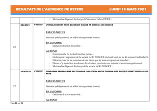 RESULTATS DE L’AUDIENCE DE REFERE LUNDI 15 MARS 2021
Page 28 sur 53
- Mettons les dépens à la charge de Monsieur Fallou DIOUF ;
23.
963/2021 N°337/2021 L’ETABLISSEMENT YERO BASSE(SCP DIAGNE ET DIENE)C/ AOG NEGOCE
PAR CES MOTIFS
Statuant publiquement, en référé et en premier ressort,
EN LA FORME
- Déclarons l’action recevable ;
AU FOND
- Constatons la fin du bail liant les parties ;
- Ordonnons l’expulsion de la société AOG NEGOCE du local loué sis au 46 avenue Faidherbe2 à
Dakar ce, tant de sa personne de ses biens que de tous occupants de son chef ;
- Disons n’y avoir lieu à ordonner l’exécution provisoire sur minute et avant enregistrement ;
- Mettons les dépens à la charge de la société AOG NEGOCE ;
24.
1034/2021 N°338/2021 COMPAGNIE SENEGALAISE DES TRAVAUX PUBLICS(Me NDEYE COUMBA DIOP GUEYE)C/ BENET GROUP-ALIOU
FAYE
PAR CES MOTIFS
Statuant publiquement, en référé et en premier ressort,
EN LA FORME
- Déclarons l’action recevable ;
AU FOND
 