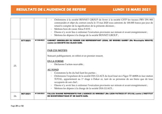 RESULTATS DE L’AUDIENCE DE REFERE LUNDI 15 MARS 2021
Page 29 sur 53
- Ordonnons à la société BENNET GROUP de livrer à la société CSTP les tuyaux PRV DN 800
commandés et objet du contrat conclu le 15 mai 2020 sous astreinte de 100.000 francs par jour de
retard à compter de la signification de la présente décision ;
- Mettons hors de cause Aliou FAYE ;
- Disons n’y avoir lieu à ordonner l’exécution provisoire sur minute et avant enregistrement ;
- Mettons les dépens à la charge de la société BENNET GROUP ;
25.
977/2021 N°339/2021 CABINET IMMOBILIER DU MONDE CIM REPRESENTANT LEGAL DE MODIBO GAMBY (Me Moustapha NDIAYE)
contre LA SOCIETE DIA GLACE SARL
PAR CES MOTIFS
Statuant publiquement, en référé et en premier ressort,
EN LA FORME
- Déclarons l’action recevable ;
AU FOND
- Constatons la fin du bail liant les parties ;
- Ordonnons l’expulsion de la société DIA GLACE du local loué sis à Ngor TF 46808 en face station
TOTAL, appartement au 1er étage à Dakar ce, tant de sa personne de ses biens que de tous
occupants de son chef ;
- Disons n’y avoir lieu à ordonner l’exécution provisoire sur minute et avant enregistrement ;
- Mettons les dépens à la charge de la société DIA GLACE ;
26.
967/2021 N°340/2021 FALLOU DIAGNE REPRESENTE PAR L’AGENCE 2S IMMOBAT (Me LEON PATRICE ET SYLVA) contre L’INSTITUT
DE BIOINFORMATIQUE ET DE SANTE SARL
 