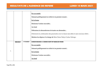 RESULTATS DE L’AUDIENCE DE REFERE LUNDI 15 MARS 2021
Page 47 sur 53
Par ces motifs
Statuant publiquement en référé et en premier ressort ;
En la forme
Déclarons l’action recevable ;
Au fond
Déboutons la demanderesse de toutes ses demandes ;
Ordonnons la continuation des poursuites avec la clause sans délai et sans nouveau référé ;
Mettons les dépens à la charge de Mme Deme Ndeye Codou Ndongo.
7.
958/2021 N°124/2021 OUMAR BOUSSO C/ CHEIKH DIOP R/P BABACAR WADE
Par ces motifs
Statuant publiquement en référé et en premier ressort ;
En la forme
Déclarons l’action recevable ;
Au fond
 