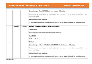 RESULTATS DE L’AUDIENCE DE REFERE LUNDI 15 MARS 2021
Page 48 sur 53
Constatons que Omar BOUSSO n’a élevé aucune difficulté ;
Ordonnons par conséquent, la continuation des poursuites avec la clause sans délai et sans
nouveau référé ;
Mettons les dépens à sa charge.
Le tout en application des dispositions des articles 81, 250 et 252-2 du Code de Procédure civile ;
8.
959/2021 N°125/2021 ROKHAYA SAMBA SY C/ MOR FALL(Me FATIMATA SALL)
Par ces motifs
Statuant publiquement en référé et en premier ressort ;
En la forme
Déclarons l’action recevable ;
Au fond
Constatons que la dame ROKHAYA SAMBA SY n’a élevé aucune difficulté ;
Ordonnons par conséquent, la continuation des poursuites avec la clause sans délai et sans
nouveau référé ;
Mettons les dépens à sa charge.
Le tout en application des dispositions des articles 81, 250 et 252-2 du Code de Procédure civile ;
 