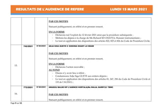 RESULTATS DE L’AUDIENCE DE REFERE LUNDI 15 MARS 2021
Page 9 sur 53
PAR CES MOTIFS
Statuant publiquement, en référé et en premier ressort,
EN LA FORME
- Déclarons nul l’exploit du 12 février 2021 ainsi que la procédure subséquente ;
- Mettons les dépens à la charge de Me Richard M S DIATTA, Huissier instrumentaire ;
- Le tout en application des dispositions des articles 822, 825 et 826 du Code de Procédure Civile;
15.
742/2021 N°303/2021 ADJA SIGA GUEYE C/ SOKHNA KHADY LO NDAW
PAR CES MOTIFS
Statuant publiquement, en référé et en premier ressort,
EN LA FORME
- Déclarons l’action recevable ;
AU FOND
- Disons n’y avoir lieu à référé ;
- Condamnons Adja Siga GUEYE aux entiers dépens ;
- Le tout en application des dispositions des articles 81, 247, 250 du Code de Procédure Civile et
133 de l’AUDCG ;
16.
772/2021 N°304/2021 AMADOU BALDE R/P L’AGENCE HORTALA(Me MALAL BARRY)C/ TBMC
PAR CES MOTIFS
Statuant publiquement, en référé et en premier ressort,
 