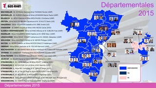 Départementales 2015
Départementales
2015BISCHWILLER : M. HOMMEL Denis et Mme THOMAS Nicole (UMP)
BOUXWILLER : M. BURGER Etienne et Mme LEHMANN Marie-Paule (UMP)
BRUMATH : M. WOLF Etienne et Mme WOLFHUGEL Christiane (UMP)
ERSTEIN : Mme MULLER-BRONN Laurence et M. SCHULTZ Denis (UD)
HAGUENAU : Mme DOLLINGER Isabelle et M. ERBS André (UD)
HOENHEIM : M. DEBES Vincent et Mme VAN HECKE Cécile (DVD)
ILLKIRCH-GRAFFENSTADEN : Mme ALFANO Alfonsa et M. SUBLON Yves (UMP)
INGWILLER : Mme HOLDERITH-WEISS Nadine et M. SÉNÉ Marc (UMP)
LINGOLSHEIM : Mme GRAEF-ECKERT Catherine et M. ZAEGEL Sébastien (UMP)
MOLSHEIM : Mme JEANPERT Chantal et M. MEYER Philippe (UMP)
MUTZIG : M. BIERRY Frédéric et Mme MOZZICONACCI Frédérique (UMP)
OBERNAI : Mme ERNST Nathalie et M. FISCHER Bernard (UMP)
REICHSHOFFEN : M. BERTRAND Rémi et Mme MARAJO-GUTHMULLER Nathalie (UMP)
SAVERNE : M. CARBIENER Thierry et Mme ESCHLIMANN Michèle (UDI)
SCHILTIGHEIM : Mme DILIGENT Danielle et M. HOERLE Jean-Louis (UD)
SÉLESTAT : M. BAUER Marcel et Mme GREIGERT Catherine (UMP)
STRASBOURG 1 : M. CAHN Mathieu et Mme KEMPF Suzanne (SOC)
STRASBOURG 2 : M. ELKOUBY Eric et Mme JUNG Martine (SOC)
STRASBOURG 3 : Mme BEY Françoise et M. OEHLER Serge (SOC)
STRASBOURG 4 : M. LE TALLEC Yves et Mme PFERSDORFF Françoise (UD)
STRASBOURG 5 : M. BITZ Olivier et Mme BUFFET Francoise (SOC)
STRASBOURG 6 : Mme JURDANT-PFEIFFER Pascale et M. MAURER Jean-Philippe (UD)
WISSEMBOURG : M. HEINTZ Paul et Mme KOCHERT Stéphanie (UMP)
 