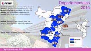 Départementales 2015
Départementales
2015BOUXWILLER : M. BURGER Etienne et Mme LEHMANN Marie-Paule (UMP)
BRUMATH : M. WOLF Etienne et Mme WOLFHUGEL Christiane (UMP)
ERSTEIN : Mme MULLER-BRONN Laurence et M. SCHULTZ Denis (UD)
HAGUENAU : Mme DOLLINGER Isabelle et M. ERBS André (UD)
HOENHEIM : M. DEBES Vincent et Mme VAN HECKE Cécile (DVD)
MOLSHEIM : Mme JEANPERT Chantal et M. MEYER Philippe (UMP)
MUTZIG : M. BIERRY Frédéric et Mme MOZZICONACCI Frédérique (UMP)
SÉLESTAT : M. BAUER Marcel et Mme GREIGERT Catherine (UMP)
WISSEMBOURG : M. HEINTZ Paul et Mme KOCHERT Stéphanie (UMP)
 