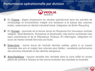 Veolia Environnement                                          Relations Investisseurs – Résultats semestriels 2008 – 07/08/2008


    Performance opérationnelle par division



           En France : légère progression du résultat opérationnel dans les activités de
           tri/recyclage et d’incinération malgré une tendance à la baisse des volumes
           traités, notamment en déchet industriel banal. Intégration de Bartin Recycling
                                                              g                    y    g

           En Europe : poursuite de la bonne tenue du Royaume-Uni (nouveaux contrats
           intégrés, West Berkshire, Shropshire et Southwark), très bonne contribution des
           pays scandinaves et de la République Tchèque. En Allemagne, intégration en
           cours de Veolia Umwelt Services (ex-Sulo)

           Etats-Unis : bonne tenue de l’activité déchets solides, grâce à un impact
           favorable des prix et malgré des volumes plus faibles ; excellente performance
           des services industriels et des déchets dangereux

           Asie-Pacifique : hausse sensible des résultats dans la zone (effet en année
           pleine de contrat à Taïwan) et très bonne évolution des résultats en Australie


                                                                                                             20
 