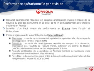 Veolia Environnement                                                   Relations Investisseurs – Résultats semestriels 2008 – 07/08/2008


    Performance opérationnelle par division



         Résultat opérationnel récurrent en sensible amélioration malgré l’impact de la
         hausse du prix des carburants et de celui de la fin de l’abattement des charges
         sociales en France
         Maintien d’un haut niveau de performance en France dans l’urbain et
         l’interurbain
         Forte progression de la contribution de l’international :
                                                 l international
                   Allemagne : poursuite du redressement, optimisation opérationnelle, dynamique de
                   développement (Brême, impact 2011)
                   Etats-Unis : poursuite du développement rentable du transport à la demande,
                                p                    pp                          p
                   progression des résultats de l’activité transit, extension du contrat de Boston
                   (MBCR), extension du contrat de Las Vegas portée à 3 ans
                   Nouvelle amélioration de la rentabilité en Australie (contrats de Melbourne mais
                   aussi de New South Wales et West Australia)
                   Pays-Bas : redressement en cours grâce à des optimisations opérationnelles et des
                   renégociations, impact S2 2008 et 2009



                                                                                                                      22
 