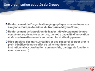 Veolia Environnement                                    Relations Investisseurs – Résultats semestriels 2008 – 07/08/2008


     Une organisation adaptée du Groupe




            Renforcement de l’organisation géographique avec un focus sur
            4 régions (E
               é i    (Europe/Amérique d Nord/Asie/Moyen-Orient)
                             /A é i     du N d/A i /M      O i t)
            Renforcement de la position de leader : développement de nos
            compétences, de notre expertise, de notre capacité d’innovation
                 p       ,           p      ,            p
            et de nos investissements en recherche et développement
            Mise en place des transversalités et des passerelles pour tirer le
            plein bénéfice de notre effet de taille (représentation
            institutionnelle, coordination commerciale, partage de fonctions
            et/ou services…)




                                                                                                       36
 