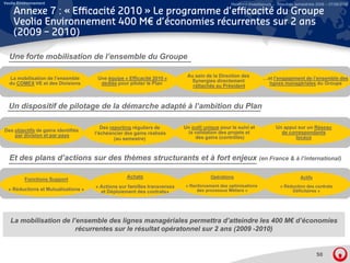 Veolia Environnement                                                                           Relations Investisseurs – Résultats semestriels 2008 – 07/08/2008

    Annexe 7 : « Efficacité 2010 » Le programme d’efficacité du Groupe
    Veolia Environnement 400 M€ d’économies récurrentes sur 2 ans
    (2009 – 2010)

  Une forte mobilisation de l’ensemble du Groupe

                                                                           Au sein de la Direction des
  La mobilisation de l’ensemble       Une équipe « Efficacité 2010 »                                            …et l’engagement de l’ensemble des
                                                                            Synergies directement
  du COMEX VE et des Divisions         dédiée pour piloter le Plan                                                lignes managériales du Groupe
                                                                             rattachée au Président



  Un dispositif de pilotage de la démarche adapté à l’ambition du Plan

                                        Des reporting réguliers de        Un outil unique pour le suivi et             Un appui sur un Réseau
Des objectifs de gains identifiés                                           la validation des projets et
                                                                                alidation                                de correspondants
    par division et par pays         l’échéancier des gains réalisés
                                     l’é hé     i d      i    é li é
                                              (au semestre)                    des gains (contrôlés)                           locaux



  Et des plans d’actions sur des thèmes structurants et à fort enjeux (en France & à l’international)

                                                   Achats                             Opérations                                     Actifs
          Fonctions Support
                                     « Actions sur familles transverses   « Renforcement des optimisations                « Réduction des contrats
  « Réductions et Mutualisations »     et Déploiement des contrats»            des processus Métiers »                         Déficitaires »




   La mobilisation de l’ensemble des lignes managériales permettra d’atteindre les 400 M€ d’économies
                        récurrentes sur le résultat opératonnel sur 2 ans (2009 -2010)
                                                                                 2010)


                                                                                                                                              50
 