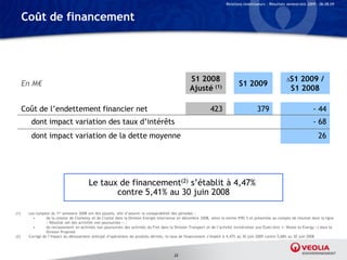 Relations Investisseurs – Résultats semestriels 2009 – 06.08.09


      Coût de financement




                                                                                                      S1 2008                                                 S1  2009 /
      En M€                                                                                                                       S1 2009
                                                                                                      Ajusté (1)                                                S1 2008

      Coût de l’endettement financier net                                                                         423                        379                             - 44
         dont impact variation des taux d’intérêts                                                                                                                           - 68
         dont impact variation de la dette moyenne                                                                                                                              26




                                          Le taux de financement(2) s’établit à 4,47%
                                                 contre 5,41% au 30 juin 2008

(1)     Les comptes du 1er semestre 2008 ont été ajustés, afin d’assurer la comparabilité des périodes :
          •       de la cession de Clemessy et de Crystal dans la Division Energie intervenue en décembre 2008, selon la norme IFRS 5 et présentée au compte de résultat dans la ligne
                  « Résultat net des activités non poursuivies » ;
          •       du reclassement en activités non poursuivies des activités du Fret dans la Division Transport et de l’activité incinération aux Etats-Unis (« Waste to Energy ») dans la
                  Division Propreté
(2)     Corrigé de l’impact du dénouement anticipé d’opérations de produits dérivés, le taux de financement s’établit à 4,47% au 30 juin 2009 contre 5,68% au 30 juin 2008



                                                                                            22
 