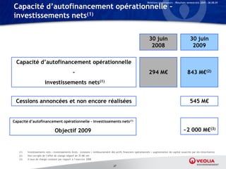 Relations Investisseurs – Résultats semestriels 2009 – 06.08.09

Capacité d’autofinancement opérationnelle –
investissements nets(1)


                                                                                                                    30 juin                              30 juin
                                                                                                                     2008                                 2009

 Capacité d’autofinancement opérationnelle
                                                 –                                                                  294 M€                            843 M€(2)
                        investissements nets(1)


 Cessions annoncées et non encore réalisées                                                                                                              545 M€


Capacité d’autofinancement opérationnelle – investissements nets(1)

                                 Objectif 2009                                                                                                     ~2 000 M€(3)


   (1)   Investissements nets = Investissements bruts – (cessions + remboursement des actifs financiers opérationnels + augmentation de capital souscrite par les minoritaires)
   (2)   Non corrigés de l’effet de change négatif de 35 M€ net
   (3)   A taux de change constant par rapport à l’exercice 2008

                                                                                     27
 