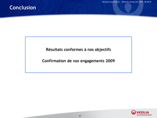 Relations Investisseurs – Résultats semestriels 2009 – 06.08.09


Conclusion




              Résultats conformes à nos objectifs

             Confirmation de nos engagements 2009




                               39
 