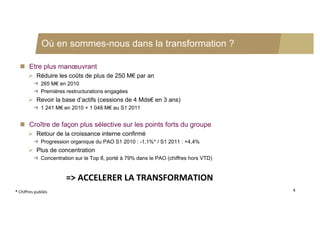 Où en sommes-nous dans la transformation ?

   Etre plus manœuvrant
        Réduire les coûts de plus de 250 M€ par an
              265 M€ en 2010
              Premières restructurations engagées
        Revoir la base d’actifs (cessions de 4 Mds€ en 3 ans)
              1 241 M€ en 2010 + 1 048 M€ au S1 2011


   Croître de façon plus sélective sur les points forts du groupe
        Retour de la croissance interne confirmé
              Progression organique du PAO S1 2010 : -1,1%* / S1 2011 : +4,4%
        Plus de concentration
              Concentration sur le Top 8, porté à 79% dans le PAO (chiffres hors VTD)


                        => ACCELERER LA TRANSFORMATION
* Chiffres publiés                                                                      4
 