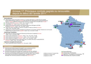 Annexe 17: Principaux contrats gagnés ou renouvelés
                       depuis le début de l’année 2011
CROISSANCE ORGANIQUE
‐ Renouvellements :
 100 principaux contrats renouvelés en France au 1er semestre 2011 dans l’Eau (dont 50 en Eau potable                                                  VTNI 
  & 50 en Assainissement), 74 dans la Propreté (dont 48 auprès des collectivités & 26 auprès des entreprises), 
  5 dans le Transport & 80% des contrats arrivant à terme au 1er semestre 2011 renouvelés dans l’Energie                                La Manche 
 VTNI (Seine Maritime) (transport) ‐ Durée : 4 ans ‐ CA cumulé : 92 M€
 Fontainebleau (eau) ‐ Durée : 10 ans ‐ CA cumulé : 34 M€
                                                                                                                                                     SICTOM  Trenitalia
                                                                                                                                                     Nanterre    Airefsol Energies
 Syndicat Intercommunal de Collecte et de Traitement des Ordures Ménagères (SICTOM) 
  de Nanterre (propreté) ‐ Durée : 3 ans ‐ CA cumulé : 36 M€                                                                  Lorient                      M2o   Fontainebleau
 Collecte des ordures ménagères et matériaux recyclables de Hyères les Palmiers (propreté)                                                                 city
  ‐ Durée : 6 ans ‐ CA cumulé : 25 M€
 Exploitation de l’unité de traitement biologique des biodéchets et des déchets ménagers résiduels de la communauté
  d’agglomération du pays de Lorient (propreté) ‐ Durée : 6 ans ‐ CA cumulé : 25 M€                                                                                          Besançon
‐ Outsourcing / Privatisation :
 Département de la Manche (Contrat de Partenariat de Performance Energétique) (énergie)
  ‐ Durée : 15 ans ‐ CA cumulé : 8 M€
 Services urbains de Besançon(1) (transport) ‐ Durée : 7 ans ‐ CA cumulé : 217 M€
 Gestion aéroport de Carcassonne (transport) ‐ Durée : 7 ans ‐ CA cumulé : 56 M€
 Gestion aéroport de Perpignan (transport) ‐ Durée : 7 ans ‐ CA cumulé : 70 M€
 Services d’auto partage de voitures électriques à Nice, via VENAP (70% Veolia Transdev/30% EDF) 
  (transport) ‐ Durée : 12 ans ‐ CA cumulé : 42 M€
                                                                                                                                                                        Verdon / 
‐ Ingénierie / Conception & Construction :                                                                                                                            Saint‐Cassien
 Liaison Verdon/Saint‐Cassien (réseaux) (eau) ‐ CA cumulé : 12 M€
                                                                                                                                                      Carcassonne                        Nice
PARTENARIATS                                                                                                                                                                    Hyères
   Partenariat entre Veolia Transport & Trenitalia(2) avec la naissance prochaine                                                                        Perpignan
    d’une nouvelle entreprise ferroviaire (50/50) proposant des services 
    internationaux de nuit entre la France & l’Italie fin 2011 (transport)
   Partenariat entre Veolia Eau & Orange avec la création de «m2o city», opérateur                                                           Renouvellements
    de services de télérelevé de compteurs d’eau & de données environnementales (eau)
   Partenariat entre Eolfi (filiale de VE) & Réseau Ferré de France (RFF)(3) avec la création    (1)Mise en service le 1er janvier 2011      Outsourcing / Privatisation
    d’une société commune (67/33) «Airefsol Energies » chargée de concevoir et                    (2) Signature en janvier 2011               Ingénierie / Conception & Construction 61
    développer des centrales de production d’énergie verte (multi‐services)                       (3) Signature en 2010                       Partenariats avec d’autres sociétés
 