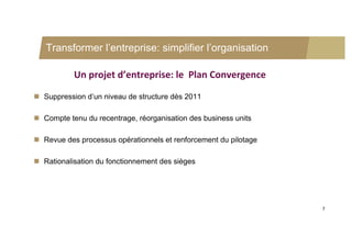 Transformer l’entreprise: simplifier l’organisation

           Un projet d’entreprise: le  Plan Convergence

 Suppression d’un niveau de structure dès 2011

 Compte tenu du recentrage, réorganisation des business units

 Revue des processus opérationnels et renforcement du pilotage

 Rationalisation du fonctionnement des sièges




                                                                  7
 