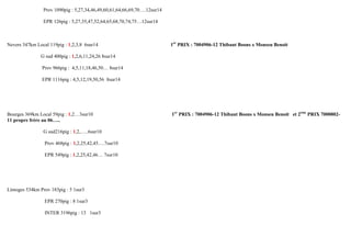 Prov 1090pig : 5,27,34,46,49,60,61,64,66,69,70….12sur14 
EPR 126pig : 5,27,35,47,52,64,65,68,70,74,75…12sur14 
Nevers 347km Local 119pig : 1,2,3,8 6sur14 1er PRIX : 7004906-12 Thibaut Boons x Monseu Benoit 
G sud 400pig : 1,2,6,11,24,26 8sur14 
Prov 966pig : 4,5,11,18,46,50… 8sur14 
EPR 1116pig : 4,5,12,19,50,56 8sur14 
Bourges 369km Local 59pig : 1,2…3sur10 1er PRIX : 7004906-12 Thibaut Boons x Monseu Benoit et 2ème PRIX 7000802- 11 propre frère au 06….. 
G sud216pig : 1,2,…..6sur10 
Prov 468pig : 1,2,25,42,45….7sur10 
EPR 549pig : 1,2,25,42,46… 7sur10 
Limoges 534km Prov 183pig : 5 1sur3 
EPR 270pig : 8 1sur3 
INTER 3196pig : 13 1sur3 
 