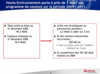 Relations Investisseurs – Résultats annuels 2008 – 06.03.09

Veolia Environnement porte à près de 3 Mds€ son
programme de cessions sur la période 2009 – 2011




   Total actifs au bilan au           Actifs non stratégiques ou
    31 décembre 2008
        é                               partenariats possibles :
            49,2 Mds€                     2,2 Mds€ à céder sur 3 ans
   Capitaux employés au               Et des cessions industrielles
    31 décembre 2008                    récurrentes :
          18,9 Mds€                                250 M€/an
                                         Soit au total, p
                                                       , près de 3 Mds€ à
                                                 réaliser sur 3 ans
                                       En complément des 761 M€ déjà
                                        réalisés en 2008




                               32
 