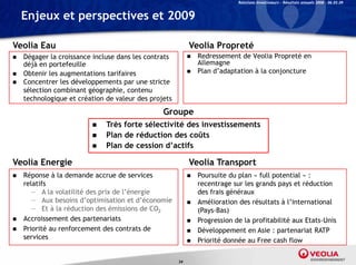 Relations Investisseurs – Résultats annuels 2008 – 06.03.09


    Enjeux et perspectives et 2009

Veolia Eau                                                 Veolia Propreté
   Dégager la croissance incluse dans les contrats           Redressement de Veolia Propreté en
    déjà en portefeuille                                              g
                                                               Allemagne
   Obtenir les augmentations tarifaires                      Plan d’adaptation à la conjoncture
   Concentrer les développements par une stricte
    sélection combinant géographie, contenu
    technologique et création de valeur des projets
                                                Groupe
                             Très forte sélectivité des investissements
                             Plan de éd ti d
                              Pl d réduction des coûts  ût
                             Plan de cession d’actifs

Veolia Energie
           g                                               Veolia Transport
                                                                       p
   Réponse à la demande accrue de services                   Poursuite du plan « full potential » :
    relatifs                                                   recentrage sur les grands pays et réduction
      — A la volatilité des prix de l’énergie                  des frais généraux
      — Aux besoins d’optimisation et d’économie              Amélioration d résultats à l’i
                                                               A éli      i des é l          l’international
                                                                                                       i   l
      — Et à la réduction des émissions de CO2                 (Pays-Bas)
   Accroissement des partenariats                            Progression de la profitabilité aux Etats-Unis
   Priorité au renforcement des contrats de                  Développement en Asie : p
                                                                      pp                 partenariat RATP
    services                                                  Priorité donnée au Free cash flow

                                                      34
 