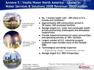 Relations Investisseurs – Résultats annuels 2008 – 06.03.09

Annexe 5 : Veolia Water North America - Leader in
Water Services & Solutions 2008 Revenue: $900 million


                                     No.
                                      N 1 market leader with ~38% share i U S
                                                  k tl d     ith 38% h       in U.S.,
                                      Canada and Caribbean*
          Tampa Bay Water            Approximately 600 communities served in
          Significant DBO             38 states; 300 municipal facilities
                                                ;           p
          project
                                     Manage largest U.S. water and wastewater public
                                      private partnership (Indianapolis and Milwaukee,
                                      respectively)
                                     Provide industrial/commercial water partnerships
                                      and operating services at 100+ facilities
                                     Largest number of U.S. industrial projects
           Milwaukee – largest        (customer base includes many of the Fortune
           U.S.
           U S wastewater
           agreement                  500)
                                     Technological and design expertise
                                      — Engineering, design, construction, service
                                     Manage largest U.S. DBO (Tampa B )
                                      M       l      tUS        (T      Bay)




           Indianapolis – nation’s              *Source: Public Works Financing, April 2008
           largest, most innovative
           partnership
                                           58
 