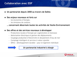 Relations Investisseurs – Résultats annuels 2009 – 05.03.10


Collaboration avec EDF


   Un partenariat depuis 2000 au travers de Dalkia

   Des enjeux nouveaux et forts sur
     — les économies d’énergie,
     — les émissions de carbone,
    … concernant désormais toutes les activités de Veolia Environnement

   Des offres et des services nouveaux à développer
     —   Productions locales d’énergie par cogénération et biomasse
     —   Motorisation électrique et gestion des déplacements
     —   Couplage production d’électricité et dessalement d’eau de mer
     —   Comptage intelligent et services à valeur ajoutée
     —   Offre « développement durable » pour le logement individuel

                        Un partenariat industriel à élargir



                                           37
 
